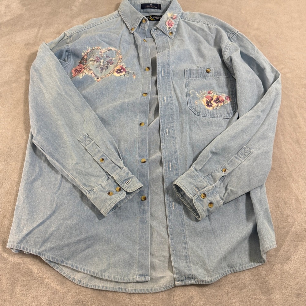 Womens Vintage Floral Embroidered Denim Button Down Shirt Light Wash Blue M